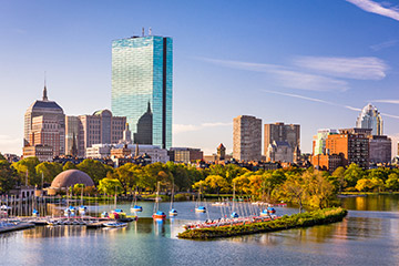 Skyline of a city in Massachusetts by the water
