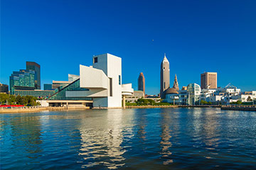 A view of buildings alongside a lake in Ohio