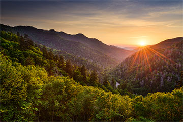A scenic view of Tennessee hills at sunset